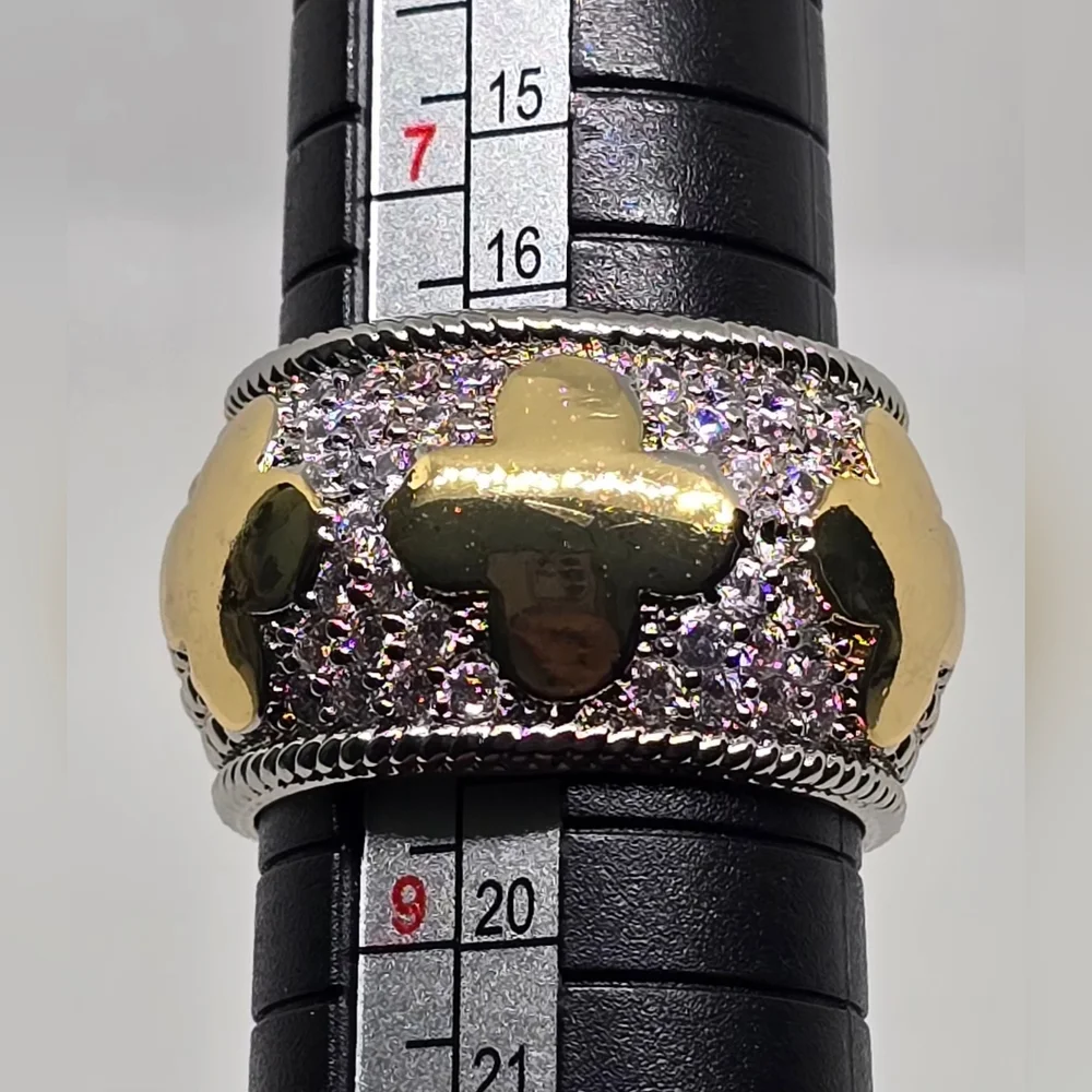 Gold & Silver Clover Accent  Wide Band Ring - Women Jewelry